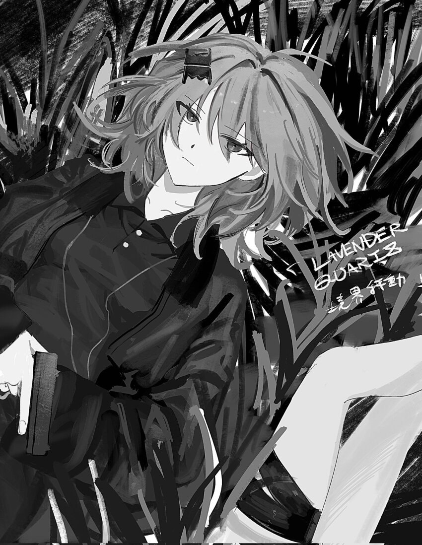 2girls, cirsium_(lavender_quartz), collared_dress, copyright_name, cropped_jacket, dress, from_above, grass