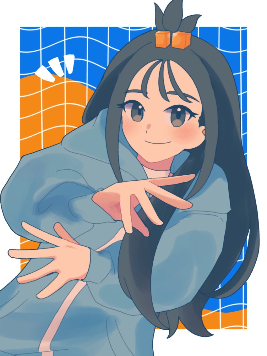 1girl, black_hair, blue_hoodie, blush, closed_mouth, cube_hair_ornament, earclip, grey_eyes
