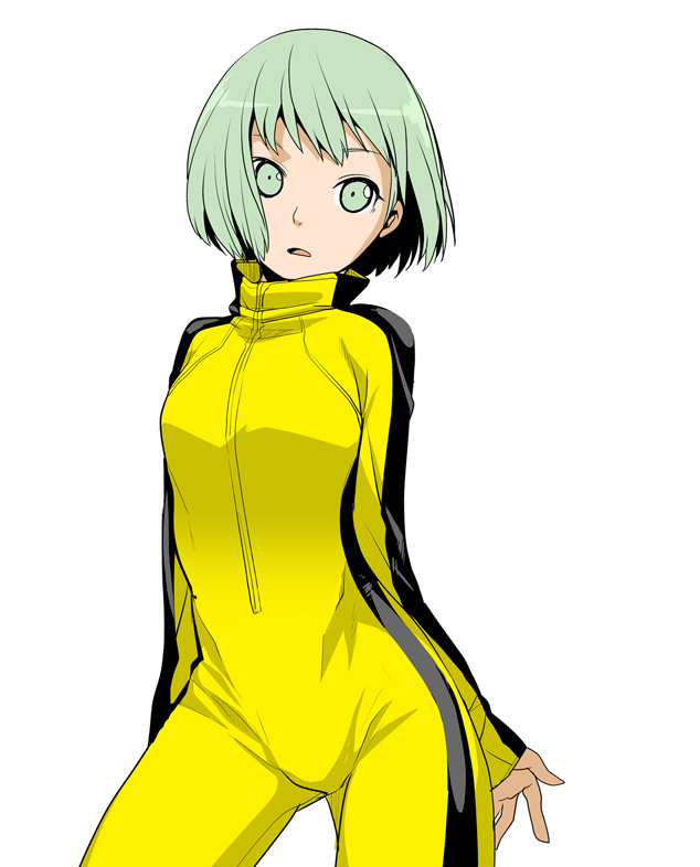 10s, 1girl, blonde_hair, bruce_lee's_jumpsuit, female_focus, green_eyes, green_hair, huang_pao-lin, kikuyarou, matching_hair/eyes, open_mouth, short_hair, simple_background, solo, tiger_&amp;_bunny, white_background