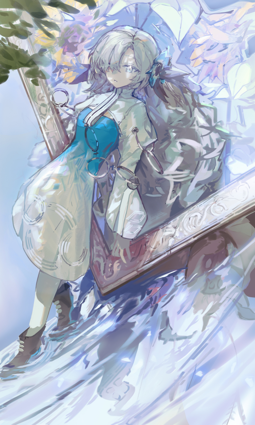 1girl, absurdres, black_boots, blue_dress, blue_flower, boots, commentary_request, corinalyce1