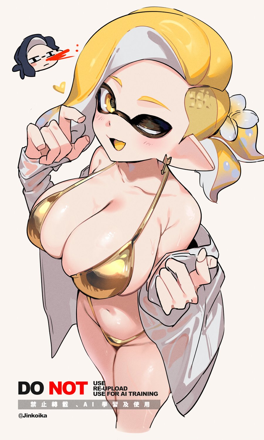 1boy, 1girl, armpit_crease, bikini, blonde_hair, breasts, chibi, chibi_inset
