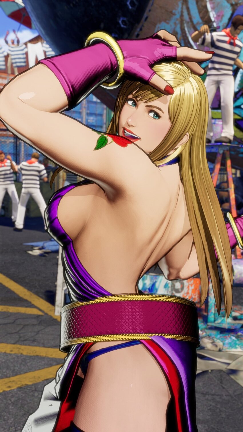 1girl, 3d, arm_behind_head, arm_tattoo, ass, b._jenet, back, backless_dress