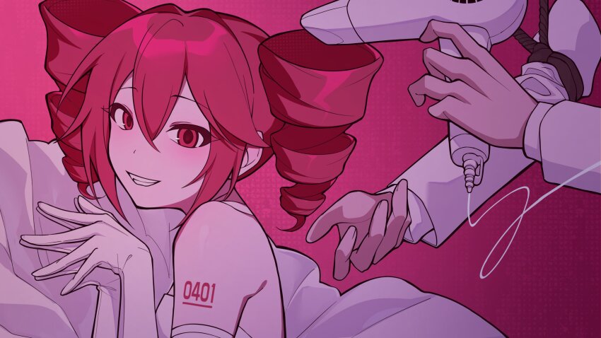 1girl, 1other, absurdres, adjusting_another's_hair, dress, drill_hair, elbow_gloves, from_side, gloves, hair_between_eyes, hair_dryer, highres, holding, holding_hair_dryer, kasane_teto, number_tattoo, off-shoulder_dress, off_shoulder, own_hands_together, red_background, red_eyes, red_hair, shoulder_tattoo, smile, tattoo, tomya, utau, white_dress, white_gloves, zuutto_issho_(kitani_tatsuya)