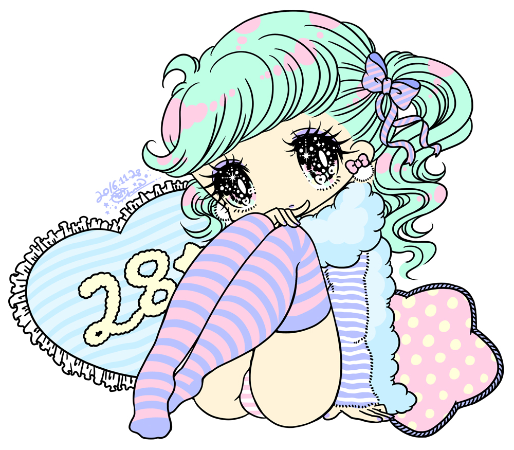 1girl, bow, deformed, earrings, eyelashes, eyeshadow, frilled_pillow, frills, green_hair, hair_bow, heart, heart-shaped_pillow, jewelry, makeup, original, panties, pillow, purple_eyeshadow, purple_lips, purple_nails, sekiya_yurie, striped_clothes, striped_panties, striped_thighhighs, thighhighs, underwear