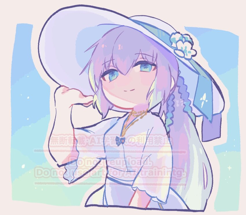 1girl, blue_eyes, dress, fate/grand_order, fate_(series), hair_between_eyes, hat, long_hair