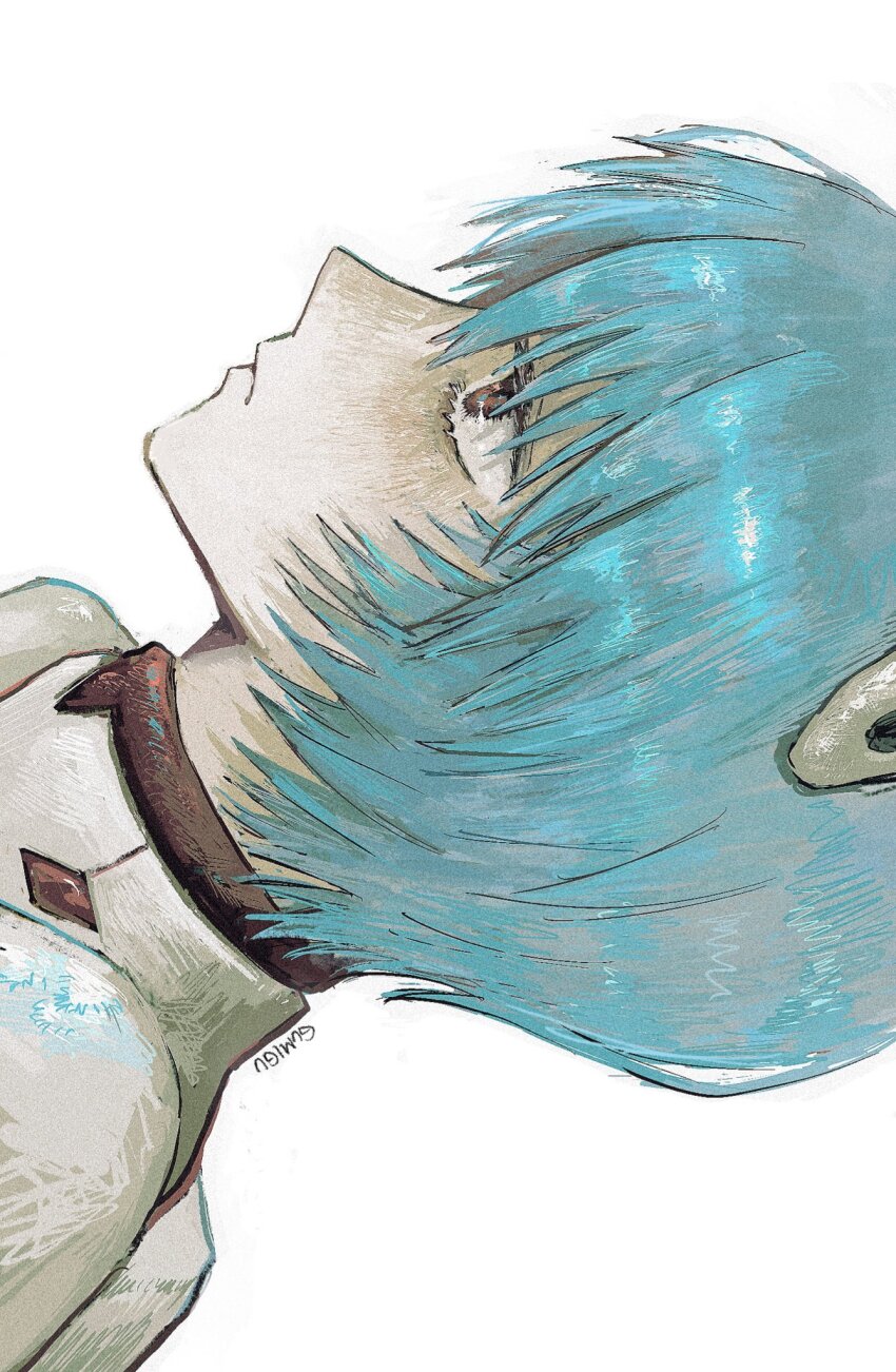 1girl, artist_name, ayanami_rei, blue_hair, bodysuit, expressionless, gumidrawing, highres, interface_headset_(evangelion), mecha_pilot_suit, neon_genesis_evangelion, plugsuit_(evangelion), profile, short_hair, simple_background, solo, white_background, white_bodysuit