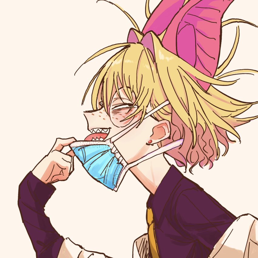 1girl, animal_ears, bat_ears, bat_girl, ear_piercing, eisu_(eith), freckles, hair_intakes, highres, lab_coat, mask, medium_hair, messy_hair, mouth_mask, original, piercing, round_eyewear, sanpaku, sharp_teeth, simple_background, teeth, tinker_belle_(eisu), white_background