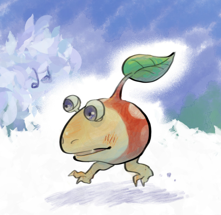 asaikaina, blue_sky, bulbmin, cloud, colored_eyelashes, creature, creature_focus, expressionless, fang, leaf, light_blush, musical_note, nintendo, no_humans, nostrils, outline, parted_lips, pikmin_(series), shadow, sky, walking, white_outline