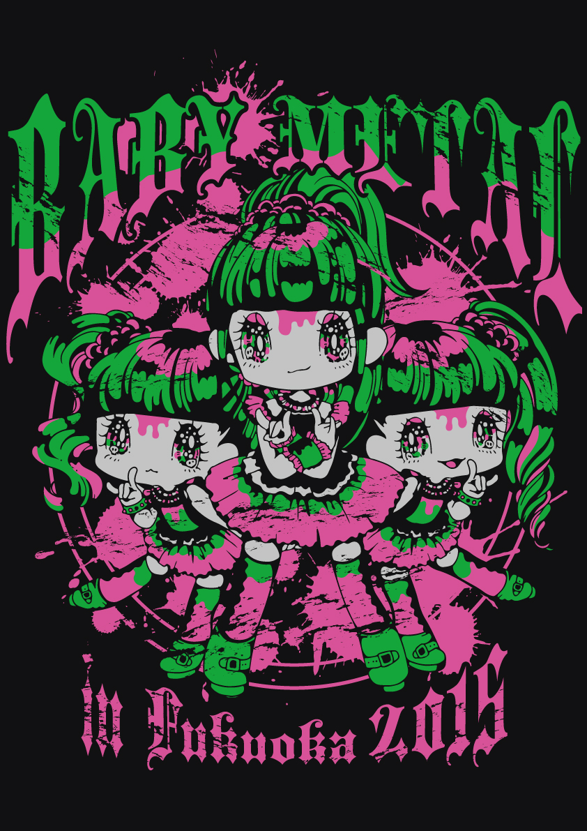 2015, 3girls, :3, \m/, babymetal, band_poster, blood, blunt_bangs, deformed, double_\m/, eyelashes, eyeshadow, goth_fashion, green_hair, heavy_metal, kikuchi_moa, makeup, mizuno_yui, multiple_girls, nakamoto_suzuka, open_mouth, pink_blood, pink_eyeshadow, ponytail, real_life, sekiya_yurie, smile