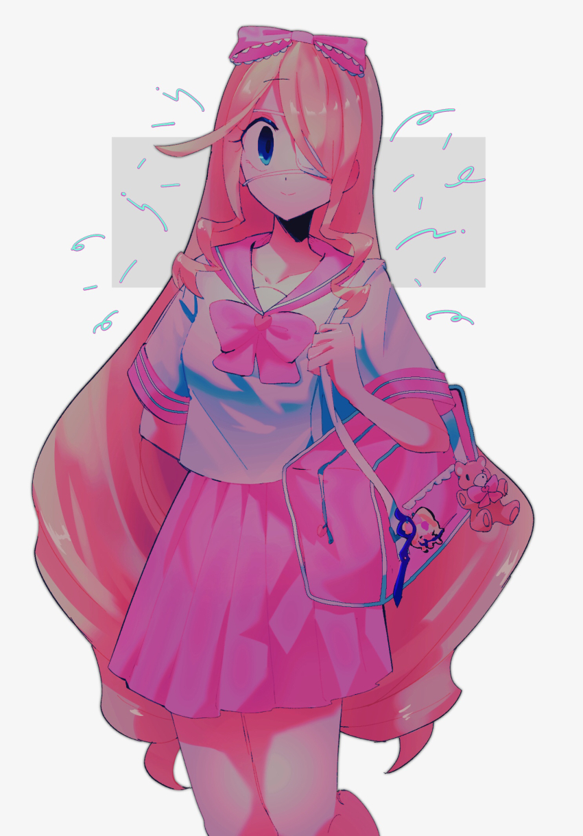 1girl, animal_charm, arm_behind_back, bear_charm, blonde_hair, blue_eyes, bow, bowtie