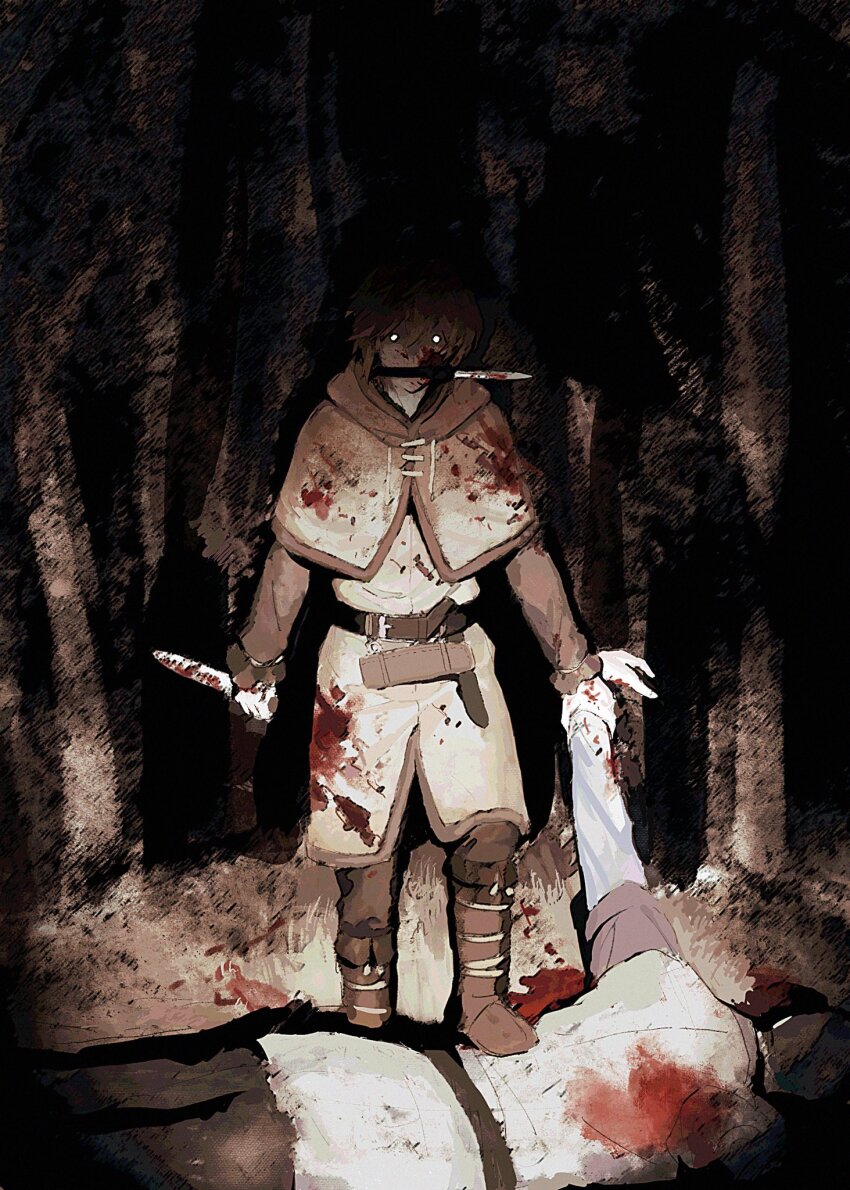2boys, belt, blood, blood_on_clothes, boots, capelet, coat, dagger, forest, full_body, fur-trimmed_capelet, fur_boots, fur_trim, glowing, glowing_eyes, hair_between_eyes, highres, holding, holding_another's_wrist, holding_dagger, holding_knife, holding_weapon, kakuzta, knife, long_sleeves, male_focus, multiple_boys, nature, short_hair, thorfinn, vignetting, vinland_saga, weapon, weapon_in_mouth