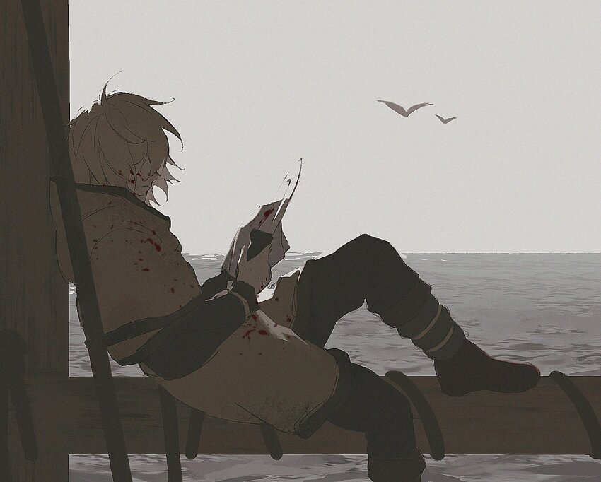 1boy, bird, black_pants, blonde_hair, blood, blood_on_clothes, blood_on_face, boat
