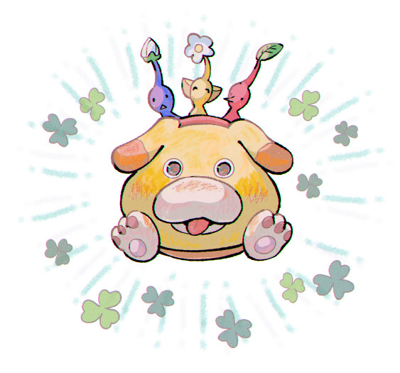 ^_^, animal_collar, asaikaina, black_eyes, blue_pikmin, blue_skin, bud, closed_eyes, clover, collar, colored_skin, dog, floppy_ears, flower, happy, leaf, looking_at_viewer, nintendo, notice_lines, oatchi_(pikmin), pawpads, pikmin_(creature), pikmin_(series), pikmin_4, pointy_ears, pointy_nose, red_collar, red_pikmin, red_skin, riding, riding_animal, simple_background, solid_circle_eyes, straight-on, tongue, triangle_mouth, white_background, white_flower, yellow_pikmin, yellow_skin