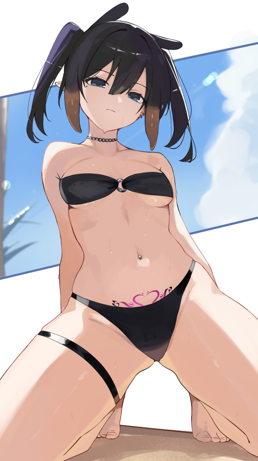 1girl, absurdres, alternate_costume, alternate_hair_length, alternate_hairstyle, barefoot, bikini, black_bikini