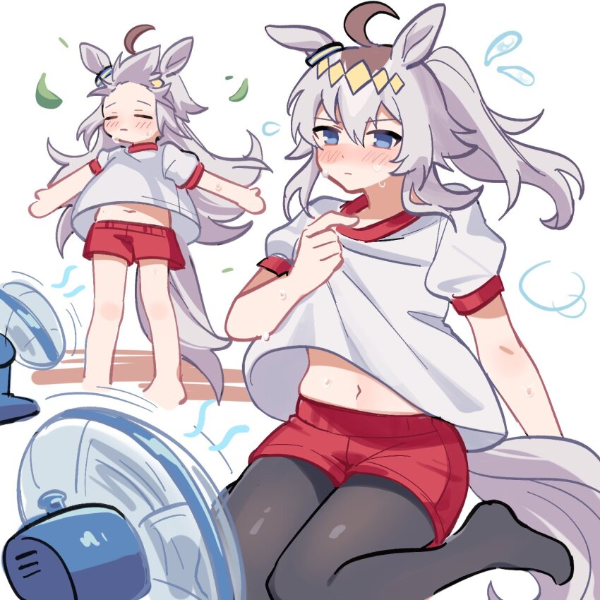 1girl, ahoge, animal_ears, black_pantyhose, blue_eyes, blush, bow, brown_hair, closed_eyes, closed_mouth, ear_bow, ear_ornament, electric_fan, eyemethyst, grey_hair, grey_tail, gym_shirt, gym_uniform, hair_between_eyes, highres, holding, horse_ears, horse_girl, horse_tail, long_hair, midriff, multicolored_hair, navel, oguri_cap_(umamusume), pantyhose, red_shorts, shirt, short_sleeves, shorts, solo, sweat, sweatdrop, tail, tracen_training_uniform, umamusume, umamusume:_cinderella_gray, white_shirt