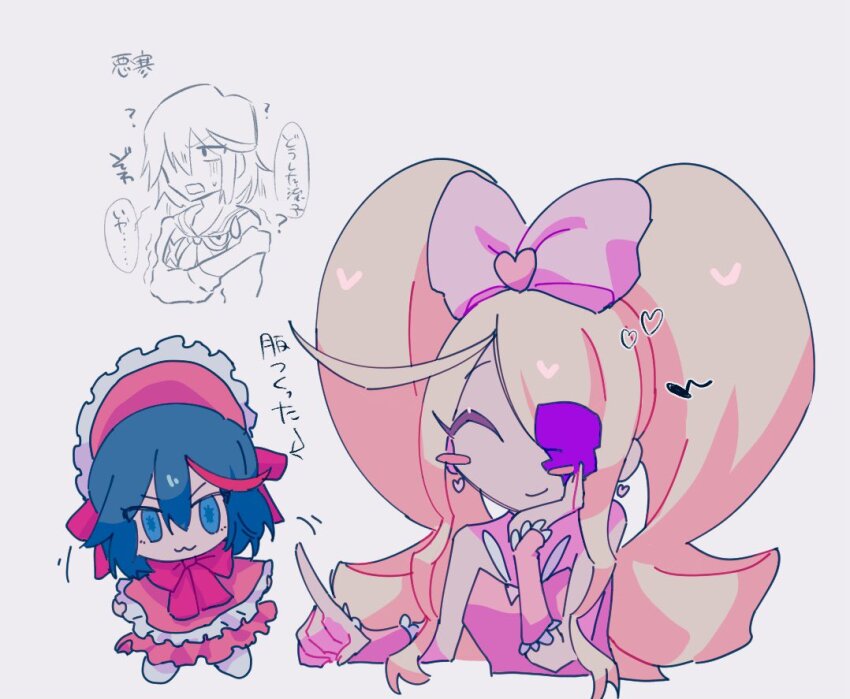 2girls, :3, ^_^, black_hair, blonde_hair, blue_eyes, bonnet, bow