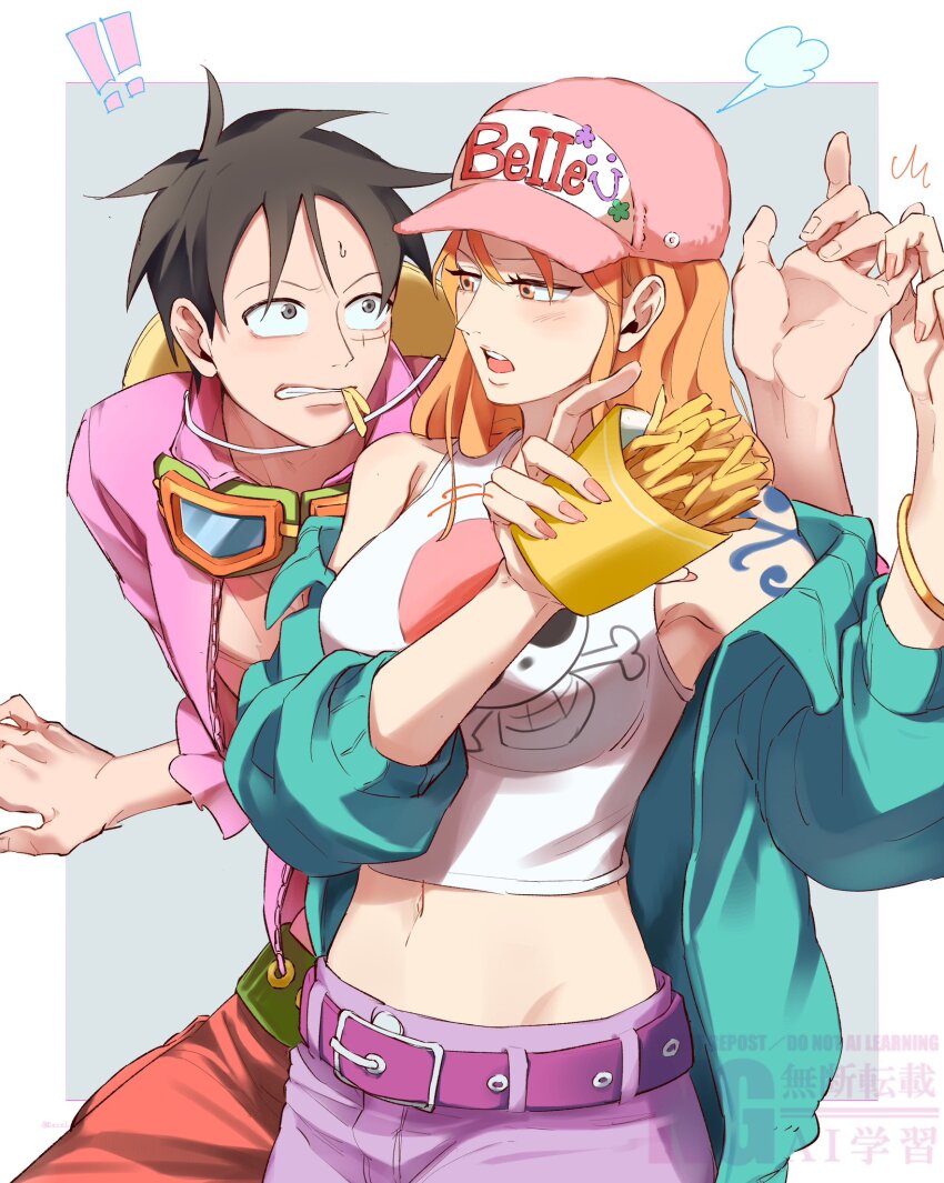 !, !!, 1boy, 1girl, aqua_cardigan, armpit_peek, bangle, bare_shoulders, baseball_cap, belt, belt_buckle, black_hair, blush, bracelet, breasts, buckle, cardigan, commentary, cowboy_shot, d_e_r_e_l, facial_scar, food, food_in_mouth, french_fries, goggles, goggles_around_neck, hat, highres, holding, holding_another's_finger, holding_food, jewelry, jolly_roger, long_hair, looking_at_another, medium_breasts, midriff, monkey_d._luffy, mouth_hold, nami_(one_piece), navel, official_alternate_costume, one_piece, open_cardigan, open_clothes, open_mouth, open_shirt, orange_eyes, orange_hair, pants, pink_hat, pink_nails, pink_shirt, print_shirt, puff_of_air, purple_pants, red_pants, scar, scar_on_cheek, scar_on_face, shirt, short_hair, shoulder_tattoo, sleeveless, sleeveless_shirt, straw_hat, straw_hats_jolly_roger, sweatdrop, untranslatable_commentary, tank_top, tattoo, unworn_hat, unworn_headwear, wavy_hair, white_tank_top