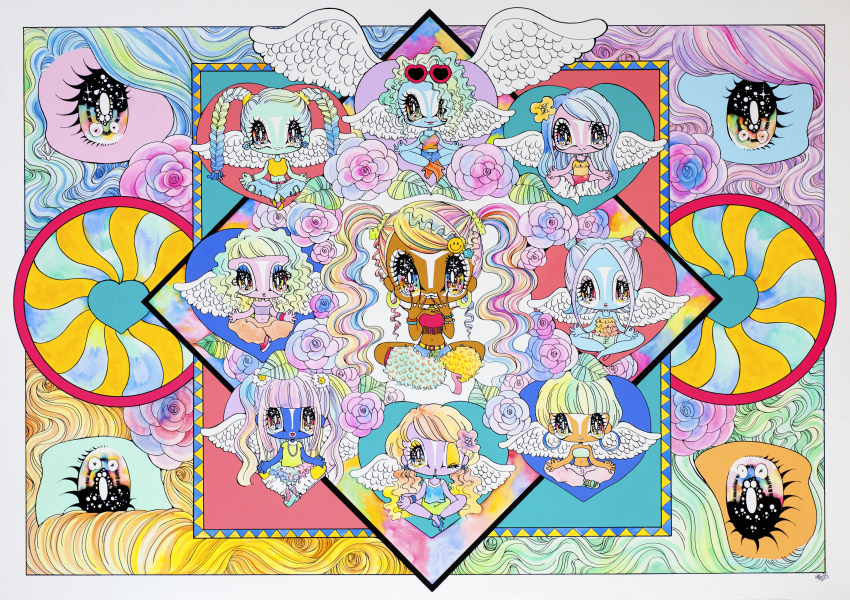 6+girls, absurdres, angel, angel_wings, blonde_hair, braid, breasts, dark-skinned_female