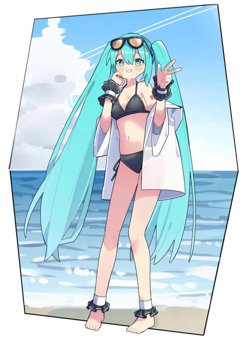 1girl, ankle_cuffs, aqua_eyes, aqua_hair, barefoot, beach, bikini, commentary_request