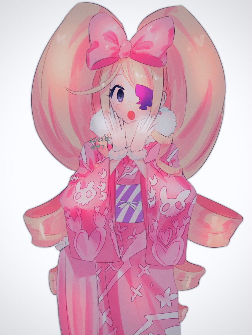 1girl, animal_print, blonde_hair, blue_eyes, bow, breath, colored_eyepatch, dated