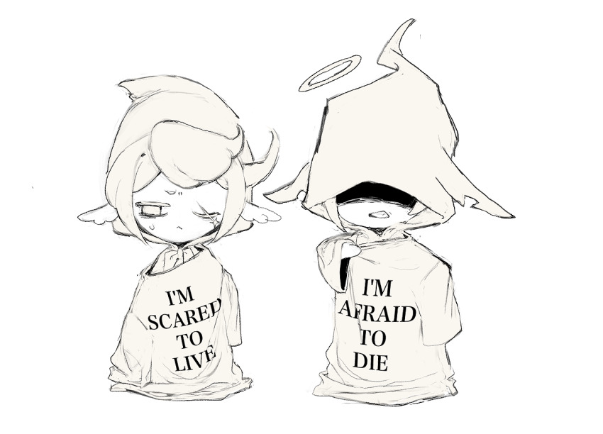 2boys, avicinda_(infinity_nikki), chigda_(infinity_nikki), clenched_hand, cloak, closed_mouth, clothes_writing, coordinated_clothes_writing, covered_eyes, english_text, faewish_sprite, fins, frown, furrowed_brow, greyscale, halo, head_fins, hood, hood_up, hooded_cloak, infinity_nikki, monochrome, multiple_boys, nikki_(series), notched_ear, one_eye_closed, oversized_clothes, scar, scar_across_eye, scar_on_face, short_hair, simple_background, sweatdrop, tinakko, traditional_halo, white_background