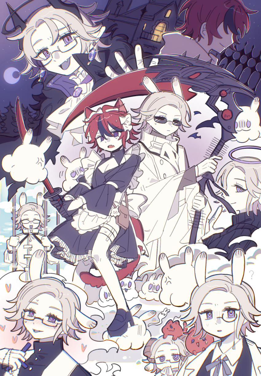 1049927422, 2boys, :d, ^_^, ahoge, anger_vein, animal_ears, animalization, aotsuki_eito, ascot, bag, black_dress, black_halo, black_shoes, blue_eyes, brown_bag, cage, cat, cat_ears, chinese_commentary, closed_eyes, crescent_moon, cross, crossdressing, crossdressing_(mtf), dress, earrings, fang, foodification, gem, glasses, gloves, goat_horns, grey_hair, grey_ribbon, halo, handbag, heart, heart-shaped_pupils, high_heels, highres, holding, holding_cross, holding_scythe, holding_sword, holding_weapon, horns, house, in_cage, jewelry, kemonomimi_mode, male_focus, mask, monocle, moon, multicolored_hair, multiple_boys, multiple_views, neck_ribbon, octopus, open_mouth, plague_doctor_mask, priest, purple_eyes, purple_gem, purple_halo, rabbit, rabbit_ears, red_hair, ribbon, robe, scythe, shoes, short_hair, skin_fang, small_sweatdrop, smile, streaked_hair, sumino_takumi, sunglasses, sweat, sword, symbol-shaped_pupils, the_hundred_line_-last_defense_academy-, tomato, unworn_mask, weapon, white_ascot, white_gloves, white_robe