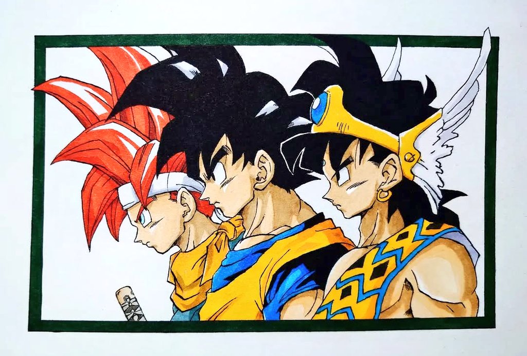 3boys, abel_(dq), bare_shoulders, black_hair, blue_gem, border, chrono_trigger, crono_(chrono_trigger)