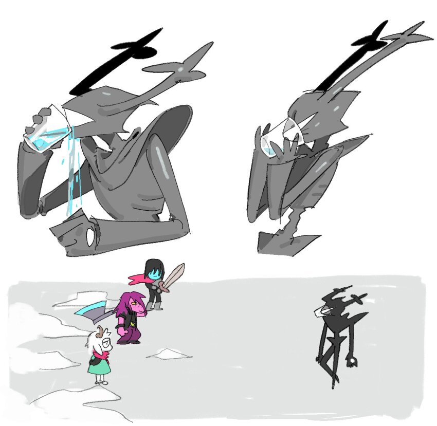 1boy, 1girl, 2others, armor, covered_face, cup, deltarune, drinking