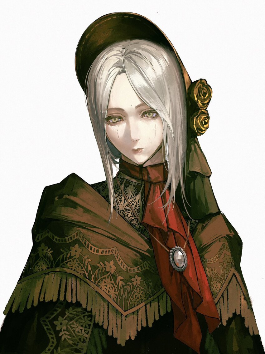 1girl, ascot, bloodborne, bonnet, brown_bonnet, brown_capelet, capelet, expressionless