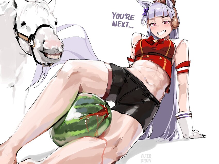 1girl, abs, alterkyon, animal_ears, armband, between_thighs, black_shorts, blunt_bangs