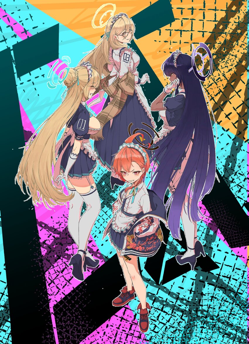 5girls, absurdres, ahoge, akane_(blue_archive), asuna_(blue_archive), black_hair, blonde_hair, blue_archive, blue_eyes, blue_halo, bow, braid, breasts, brown_hair, cleaning_&amp;_clearing_(blue_archive), daresuki_05, dark-skinned_female, dark_skin, glasses, gloves, hair_over_one_eye, halo, highres, jacket, karin_(blue_archive), large_breasts, long_hair, maid, mole, mole_under_eye, multiple_girls, neru_(blue_archive), pantyhose, red_eyes, single_braid, toki_(blue_archive), very_long_hair, yellow_eyes