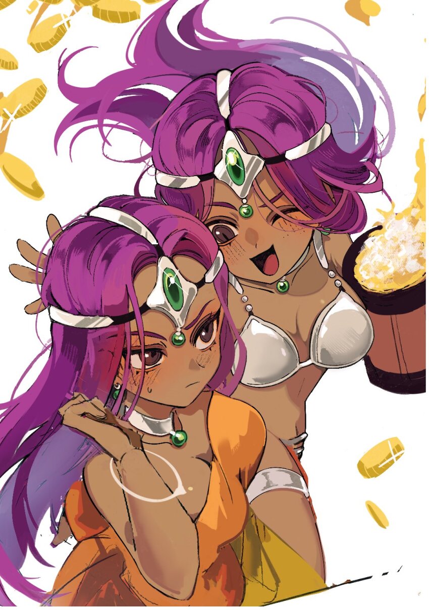 2girls, armor, beer_mug, bikini_armor, blush, bracelet, breasts, brown_eyes, cleavage, cocked_eyebrow, coin, cup, dark-skinned_female, dark_skin, dragon_quest, dragon_quest_iv, dress, gold_coin, hand_in_own_hair, highres, jewelry, long_hair, mamesan_2024, manya_(dq4), medium_breasts, midriff, minea_(dq4), mug, multiple_girls, one_eye_closed, orange_dress, orange_skirt, parted_bangs, pelvic_curtain, pendant_choker, purple_hair, siblings, silver_choker, sisters, skirt, smile, sweatdrop, upper_body, white_background