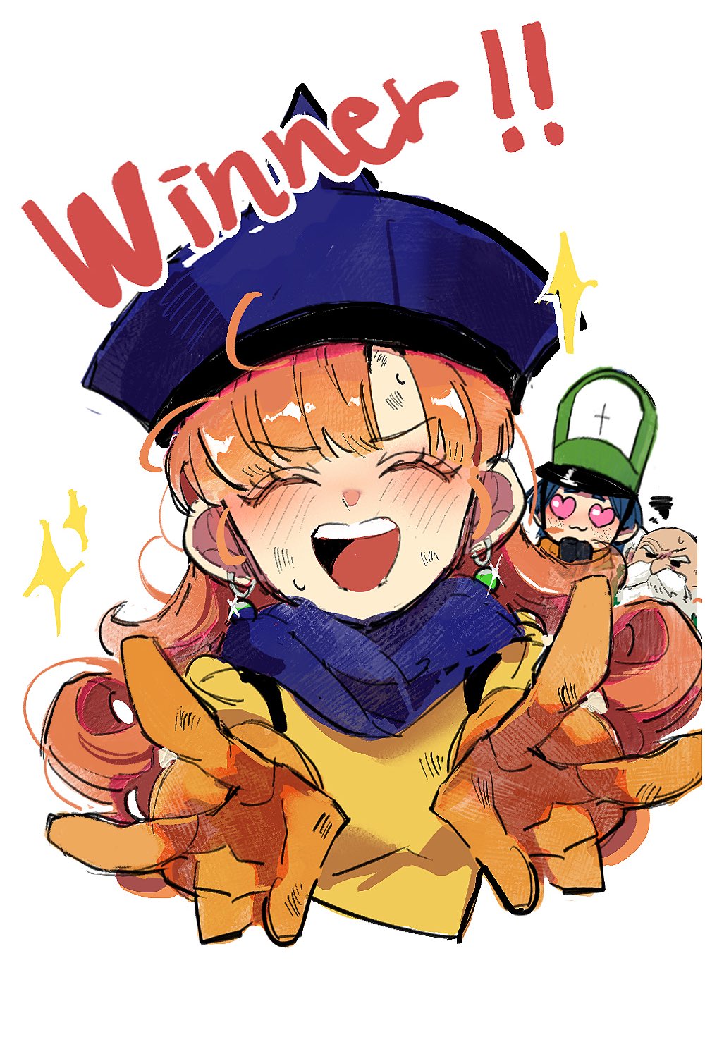 2boys, alena_(dq4), beard, blue_hair, blue_hat, blue_scarf, brey, clift