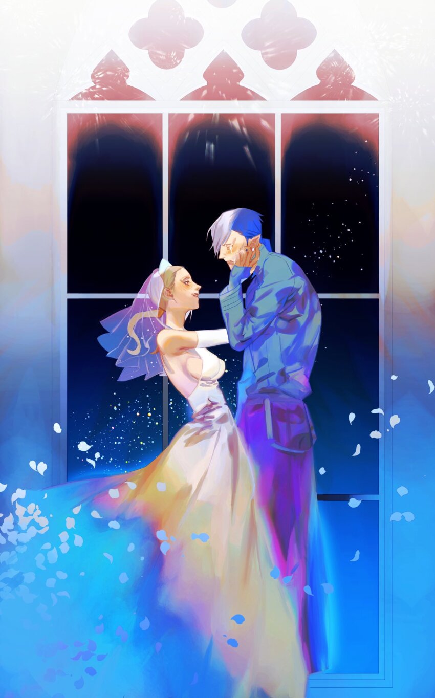 1boy, 1girl, arystar_krory, backless_dress, backless_outfit, bare_back, bare_shoulders, belt, black_order_uniform, black_sky, blonde_hair, blue_dress, blue_hair, blue_theme, blush, breasts, closed_eyes, coat, couple, crying, d.gray-man, dress, elbow_gloves, eliade, falling_petals, fingerless_gloves, gloves, gradient_clothes, gradient_dress, hand_on_another's_cheek, hand_on_another's_face, hand_on_another's_hand, highres, kaliumxxx, large_breasts, long_coat, long_dress, long_hair, long_sleeves, looking_at_another, low_ponytail, low_twintails, mature_female, mature_male, military, military_uniform, multicolored_hair, night, parted_lips, petals, pointy_ears, ponytail, profile, red_lips, sideboob, sky, sleeveless, sleeveless_dress, smile, streaming_tears, striped_coat, tears, tiara, twintails, two-tone_hair, veil, wedding_dress, white_dress, white_gloves, white_hair, white_petals, wide_sleeves, window, yellow_dress