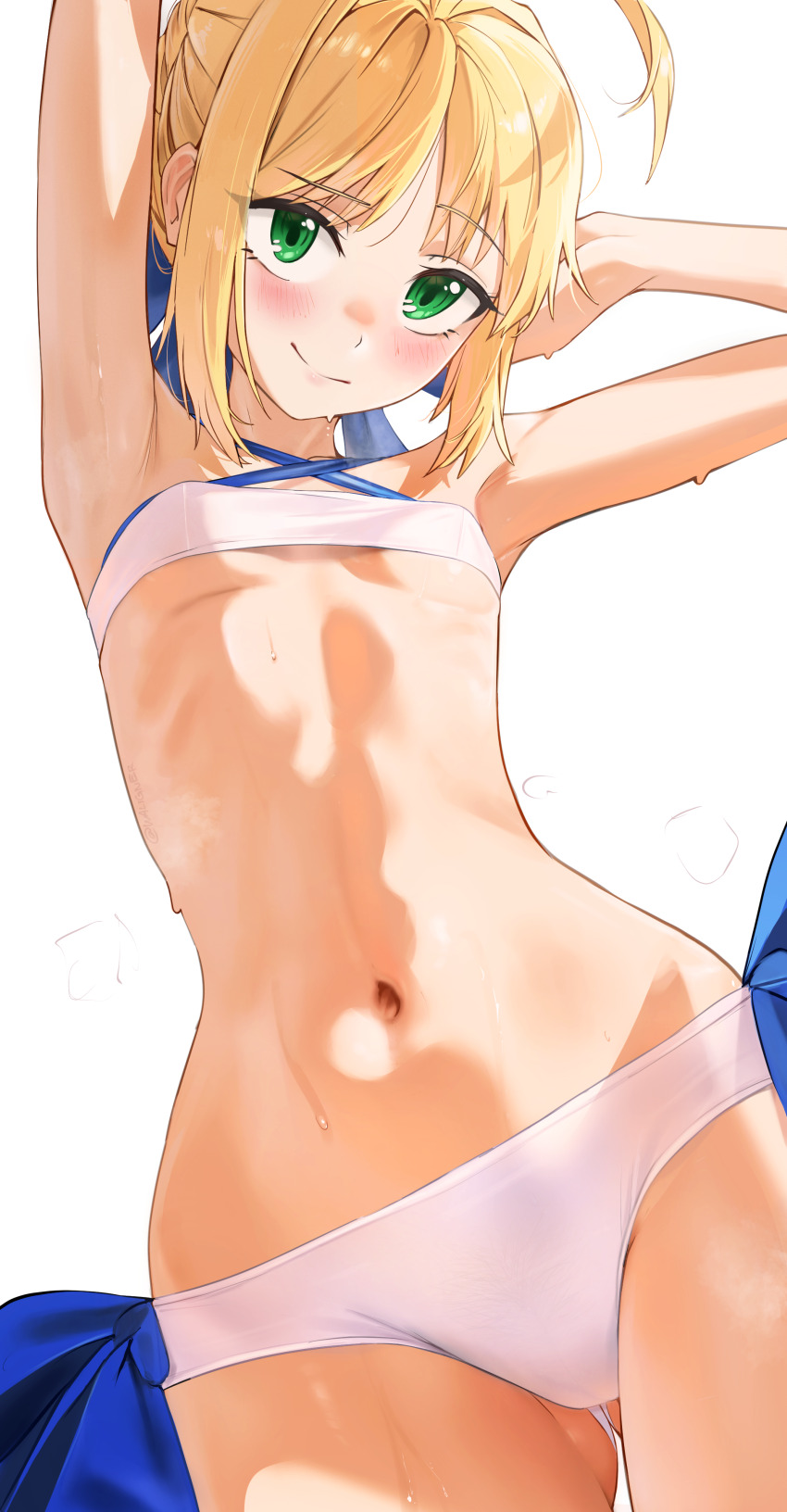 1girl, absurdres, ahoge, arm_up, armpits, arms_behind_head, arms_up, artoria_pendragon_(fate), bare_shoulders, bikini, blonde_hair, blue_ribbon, blush, braid, braided_bun, breasts, bun_with_braided_base, closed_mouth, commentary, english_commentary, fate/grand_order, fate_(series), gluteal_fold, green_eyes, hair_bun, highres, looking_at_viewer, medium_hair, navel, ribbon, saber_(fate), saber_(swimsuit_archer)_(first_ascension)_(fate), sidelocks, simple_background, small_breasts, smile, smirk, solo, swimsuit, underboob, waligner, wet, white_background, white_bikini