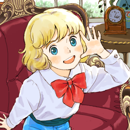 1boy, blonde_hair, blue_eyes, blue_pants, bow, bowtie, cedric_errol, clock, couch, cowboy_shot, fluffy_hair, hand_up, indoors, leaning_forward, looking_at_viewer, lowres, male_focus, medium_hair, open_hands, open_mouth, pants, plant, potted_plant, red_bow, red_bowtie, sakai_yume, shoukoushi_cedie, sleeve_cuffs, smile, solo, standing, table, teeth, upper_teeth_only, window