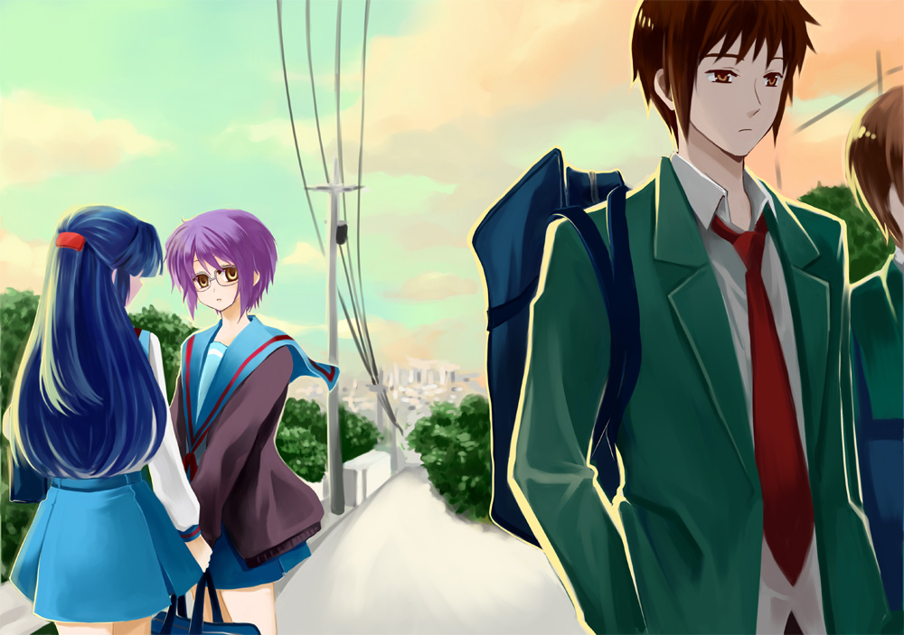 10s, 1boy, 2girls, asakura_ryoko, blouse, blue_hair, brown_eyes, brown_hair