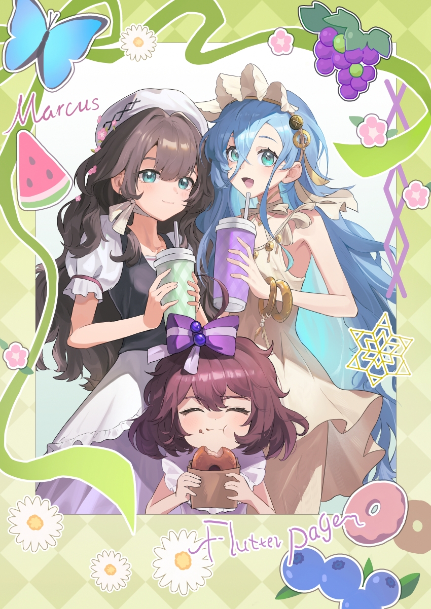 37_(naisnow)_(reverse:1999), 37_(reverse:1999), 3girls, :d, ^_^, absurdres, bagel, bare_arms