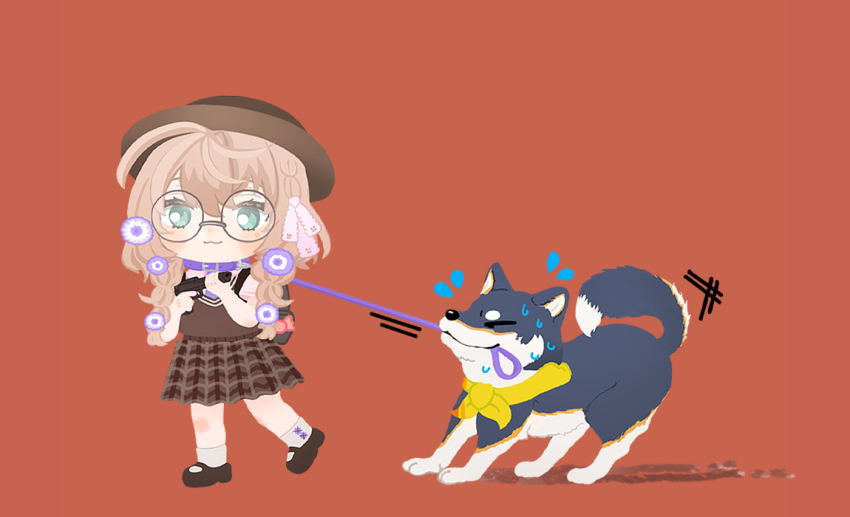 1girl, :3, animal_collar, animal_holding_leash, aqua_eyes, blonde_hair, blush, braid