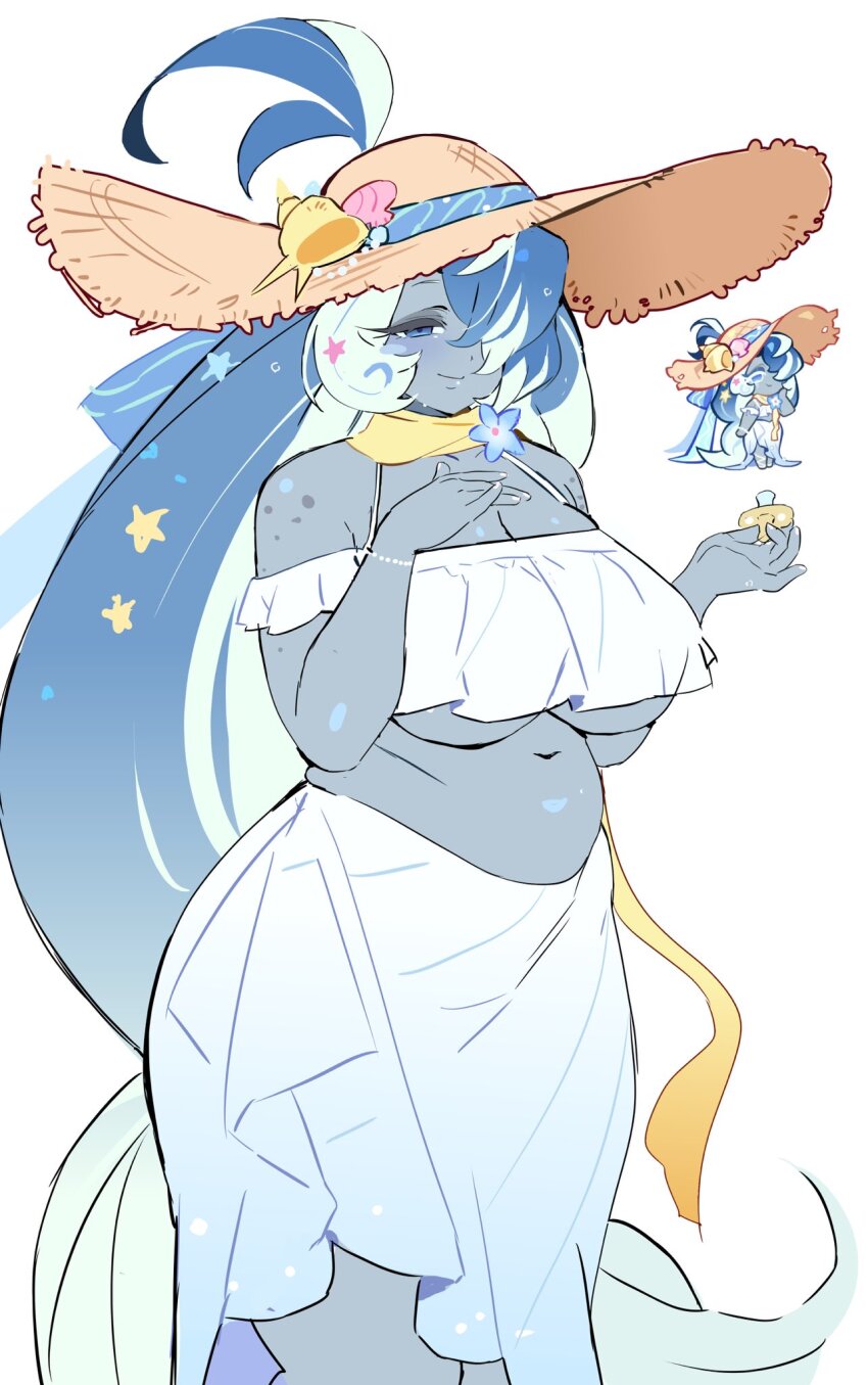 1girl, bare_shoulders, bikini, blue_eyes, blue_flower, blue_hair, blue_whale_cookie, blue_whale_cookie_(sweet_summer_dreams), blush_stickers, bracelet, breasts, brown_hat, bubble, cleavage, closed_mouth, colored_inner_hair, colored_skin, cookie_run, cookie_run:_ovenbreak, feet_out_of_frame, flower, frilled_bikini, frills, grey_skin, hair_ornament, hair_over_one_eye, hand_on_own_chest, hat, highres, holding, holding_pacifier, humanization, jewelry, large_breasts, large_hat, long_hair, looking_at_viewer, multicolored_hair, nail_polish, navel, official_alternate_costume, official_alternate_hair_color, official_alternate_hairstyle, official_art_inset, ohta_guk_hip, one_eye_covered, pacifier, plump, protected_link, reference_inset, sarong, seashell, shell, simple_background, single_blush_sticker, smile, solo, standing, star_(symbol), star_hair_ornament, streaked_hair, sun_hat, swimsuit, two-tone_hair, very_long_hair, white_background, white_bikini, white_hair, white_nails, white_sarong