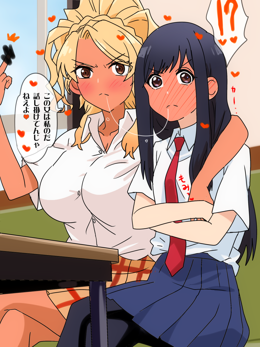 2girls, after_kiss, arm_around_neck, black_hair, black_pantyhose, blonde_hair, blue_skirt, blush