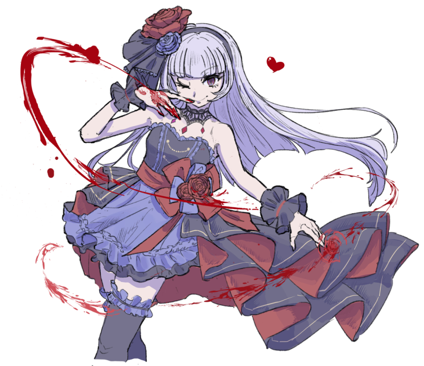 1girl, blood, blunt_bangs, breasts, dress, flower, frilled_dress, frills