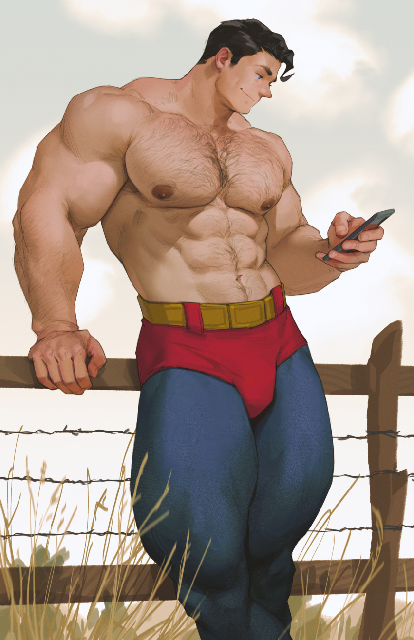1boy, abs, bara, barbed_wire, bare_pectorals, biceps, black_hair, bulge