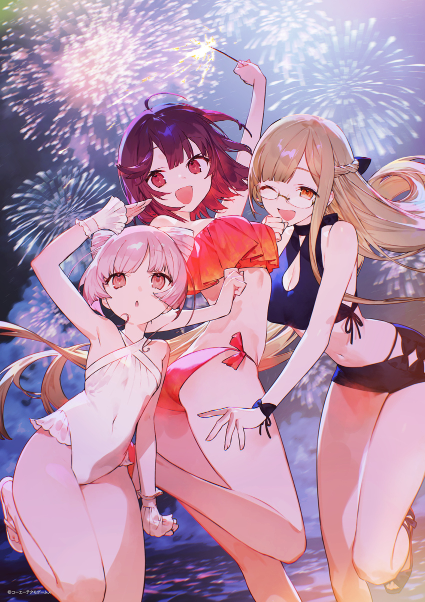 3girls, :d, ;d, aerial_fireworks, ahoge, arm_up, bikini, black_bikini