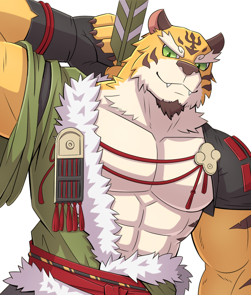 1boy, abs, animal_ears, arrow_(projectile), bara, beard, biceps, claws, closed_mouth, commentary_request, facial_hair, fangs, fangs_out, furry, furry_male, green_eyes, holding, holding_arrow, japanese_clothes, looking_at_viewer, male_focus, muscular, muscular_male, oro_(ororwide11), pectorals, smile, taketora_(yasha), tiger_boy, tiger_ears, tiger_stripes, white_background, yasha_legends_of_the_demon_blade, yellow_fur
