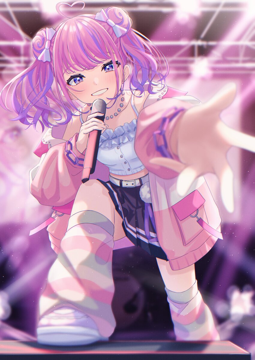 1girl, absurdres, ahoge, amagasaki_ame, belt, black_skirt, blurry, blurry_background