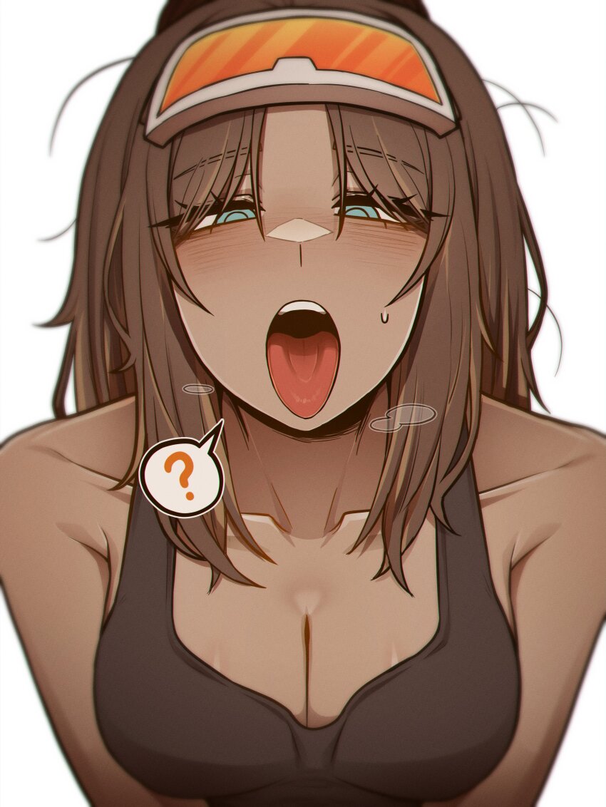 1girl, ?, absurdres, armpit_crease, bare_shoulders, black_tank_top, blue_eyes, breasts, breath, brown_hair, cleavage, collarbone, dark-skinned_female, dark_skin, goggles, goggles_on_head, highres, large_breasts, limbus_company, looking_at_viewer, messy_hair, misg1111, multicolored_hair, open_mouth, orange_goggles, ponytail, project_moon, ran_(project_moon), shirt, simple_background, sleeveless, sleeveless_shirt, solo, speech_bubble, spoken_question_mark, streaked_hair, tank_top, teeth, tongue, tongue_out, upper_body, upper_teeth_only, white_background