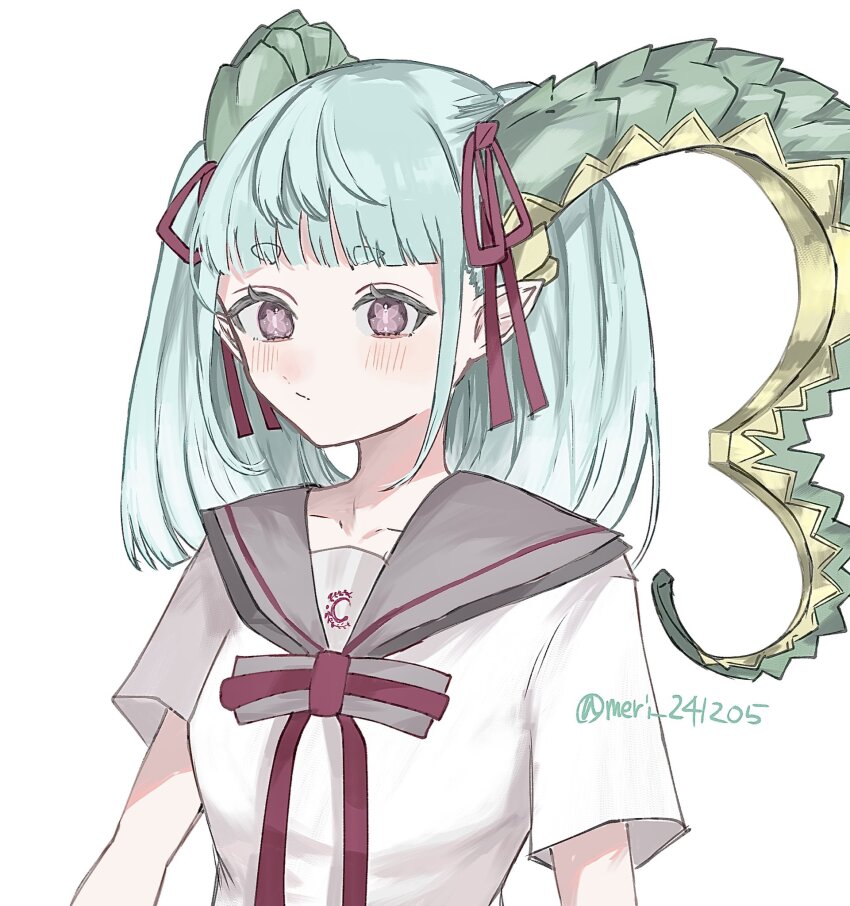 1girl, aqua_hair, blunt_bangs, blush, bow, bowtie, curled_horns, fate/grand_order