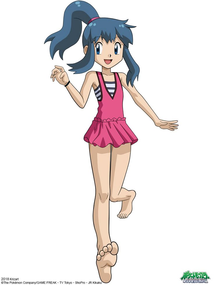 artist_name, bare_legs, barefoot, blue_eyes, blue_hair, bracelet, dawn_(pokemon), dress, feet, hair_ornament, jewelry, kriztart, logo, nintendo, open_mouth, pink_dress, pokemon, pokemon:_arceus_and_the_jewel_of_life, pokemon_(anime), pokemon_the_series:_diamond_and_pearl, ponytail, running, shirt, smile, soles, striped_clothes, striped_shirt, swimsuit, toes, white_background