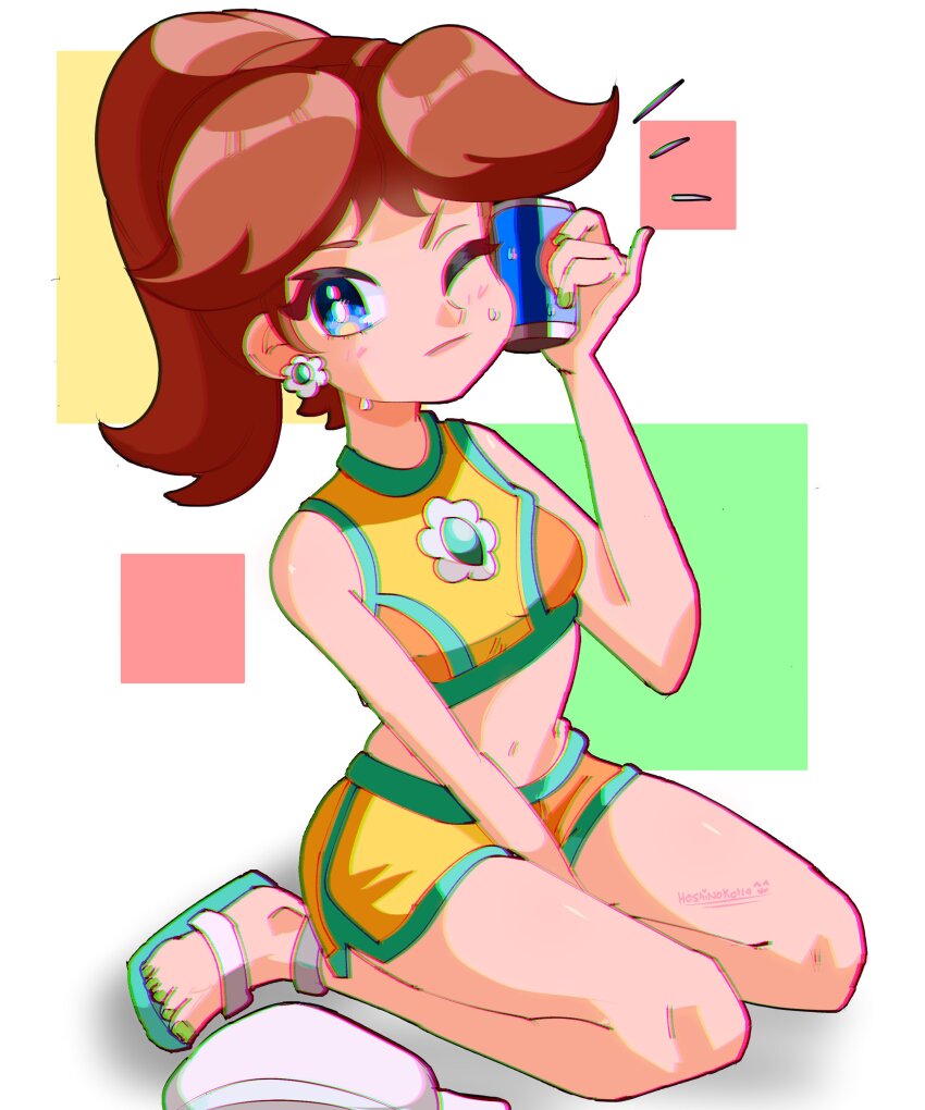 1girl, absurdres, aqua_trim, bare_shoulders, blue_eyes, breasts, brown_hair, can, closed_mouth, crop_top, drink_can, earrings, flower_earrings, hat, highres, holding, holding_can, hoshinokotta, jewelry, long_hair, looking_at_viewer, mario_(series), mario_kart, mario_kart_world, midriff, navel, nintendo, official_alternate_costume, one_eye_closed, orange_shorts, orange_sports_bra, ponytail, princess_daisy, princess_daisy_(swimwear)_(mario_kart_world), sandals, shorts, sitting, soda_can, solo, sports_bra, sweat, sweatdrop, unworn_hat, unworn_headwear, wariza, white_hat, yellow_shorts, yellow_sports_bra